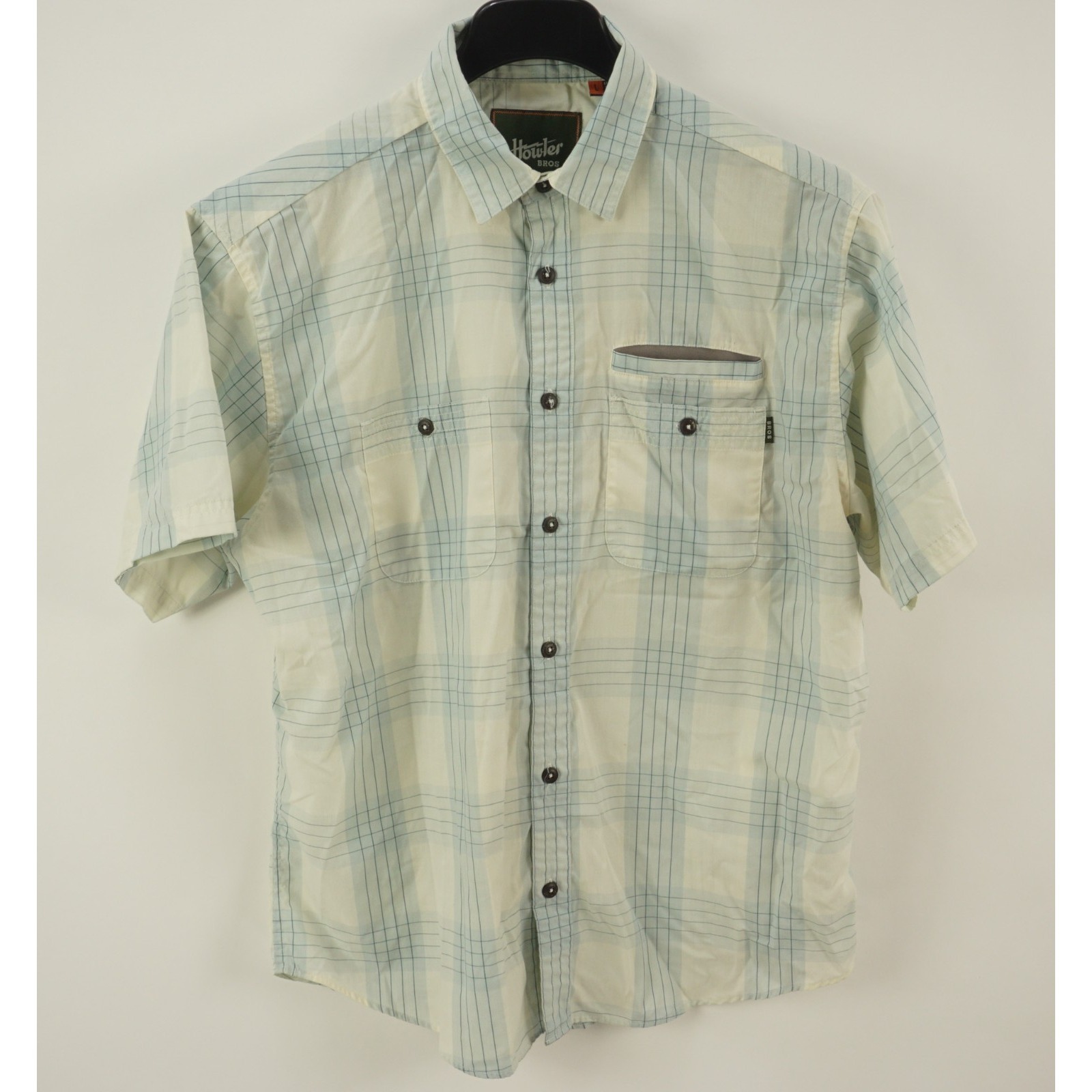 Howler Bros Performance Fishing Shirt Men's Large Off-White Blue Plaid Vented